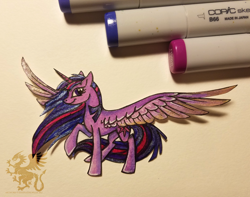 Size: 1748x1375 | Tagged: safe, artist:theantimonyelement, twilight sparkle, twilight sparkle (alicorn), alicorn, pony, raised hoof, simple background, solo, spread wings, traditional art, wings