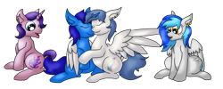 Size: 2000x800 | Tagged: safe, artist:raktor, derpibooru exclusive, oc, oc only, oc:coldfire, oc:delly, oc:graceful motion, oc:northern flame, pegasus, pony, unicorn, cuddling, ear fluff, female, happy, hug, lesbian, male, mare, oc x oc, shipping, simple background, smiling, snuggling, stallion, transparent background, wing hold, winghug