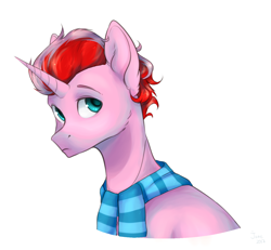 Size: 1392x1287 | Tagged: safe, artist:lovedraw, oc, oc only, oc:cherry swirl, pony, unicorn, clothes, male, scarf, simple background, solo, stallion