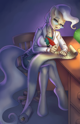 Size: 801x1239 | Tagged: safe, artist:bumblebun, mayor mare, anthro, earth pony, unguligrade anthro, breasts, busty mayor mare, clothes, crossed legs, desk, female, glasses, lamp, list, mare, quill, scroll, solo, writing