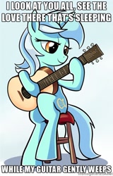 Size: 500x781 | Tagged: safe, artist:gsphere, edit, lyra heartstrings, pony, unicorn, blue background, george harrison, guitar, image macro, lidded eyes, meme, obligatory pony, simple background, sitting, smiling, solo, song reference, stool, the beatles, while my guitar gently weeps