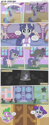 Size: 3300x8393 | Tagged: safe, artist:perfectblue97, spike, oc, oc:silver jubilee, dragon, pony, comic:without magic, absurd resolution, carousel boutique, clothes, comic, crying, mirror, missing ear, pointy ponies