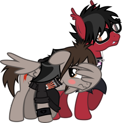 Size: 1368x1374 | Tagged: safe, artist:lightningbolt, derpibooru exclusive, bat pony, pegasus, pony, .svg available, bat wings, blush sticker, blushing, clandestine industries, clothes, clothes swap, ear fluff, embarrassed, emo, facewing, fall out boy, fangs, floppy ears, gay, glasses, hoodie, hug, jewelry, looking back, male, messy mane, mikey way, my chemical romance, necklace, pete wentz, ponified, raised hoof, rolled up sleeves, shipping, shirt, shy, simple background, slit eyes, stallion, svg, t-shirt, transparent background, vector, walking, wing hands, winghug, wristband