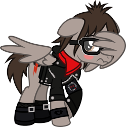 Size: 1119x1123 | Tagged: safe, artist:lightningbolt, derpibooru exclusive, pegasus, pony, .svg available, blush sticker, blushing, clandestine industries, clothes, embarrassed, facewing, floppy ears, glasses, jacket, looking back, male, mikey way, my chemical romance, ponified, raised hoof, rolled up sleeves, scarf, shirt, shoes, simple background, socks, solo, stallion, svg, transparent background, undershirt, vector, walking, wing hands, wristband