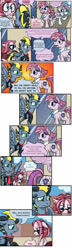 Size: 1105x3840 | Tagged: safe, artist:paintsplatteredponies, oc, oc only, oc:curtain call, oc:eventide flicker, oc:spotlight, pony, comic, crying, diane, glasses, redesign, the clone that got away