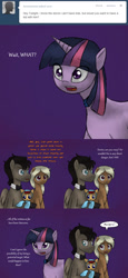Size: 1290x2796 | Tagged: safe, doctor whooves, twilight sparkle, oc, oc:lightning blitz, oc:sandy hooves, earth pony, pegasus, pony, ask miss twilight sparkle, ask pregnant scootaloo, baby, baby pony, colt, comic, dialogue, discord whooves, female, holding a pony, male, mare, miss twilight sparkle, offspring, onesie, parent:rain catcher, parent:scootaloo, parents:catcherloo