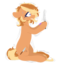 Size: 1024x1139 | Tagged: safe, artist:alliedrawsart, oc, oc only, oc:minced meat, earth pony, pony, bandana, blue eyes, clenched teeth, colored eyelashes, colored pupils, commission, female, floppy ears, freckles, hoof hold, knife, lineless, looking at something, mare, nervous, shivering, signature, simple background, sitting, solo, sweat, transparent background, wavy mouth
