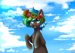 Size: 2555x1833 | Tagged: safe, artist:sakura-sven, derpibooru import, oc, oc only, oc:bright idea, pony, cloud, cloudy, floral head wreath, flower, solo