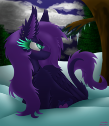 Size: 2021x2328 | Tagged: safe, artist:vanillaswirl6, oc, oc only, oc:ember heart, pegasus, pony, art trade, chest fluff, cloud, colored pupils, ear fluff, ear piercing, female, fluffy, full moon, icicle, jewelry, long mane, looking at something, looking up, mare, moon, necklace, night, piercing, shoulder fluff, sitting, smiling, snow, solo, tree, tree branch