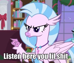 Size: 746x638 | Tagged: safe, derpibooru import, edit, screencap, silverstream, classical hippogriff, hippogriff, the hearth's warming club, image macro, listen here, listen up my niggas, meme, out of character, solo, vulgar