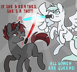 Size: 2279x2153 | Tagged: safe, derpibooru import, pegasus, pony, unicorn, all women are queens, crossover, if she breathes she's a thot, lightsaber, meme, star wars, thot, weapon