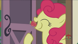 Size: 2001x1125 | Tagged: safe, screencap, strawberry sunrise, pegasus, pony, honest apple, eating, eyes closed, female, food, mare, solo, strawberry