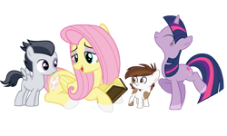 Size: 7980x4792 | Tagged: safe, artist:parclytaxel, derpibooru import, fluttershy, pipsqueak, rumble, twilight sparkle, unicorn twilight, earth pony, pegasus, pony, unicorn, absurd resolution, book, colt, female, flutterrumble, hoof polish, male, mare, nail polish, prone, shipping, simple background, socks (coat marking), straight, straight shota, transparent background, twipip, vector