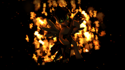 Size: 3840x2160 | Tagged: safe, artist:fiopon, derpibooru import, oc, oc only, oc:metal rose, pegasus, pony, 3d, embers, fire, glowing eyes, guitar, musical instrument, rock, solo, source filmmaker, stage