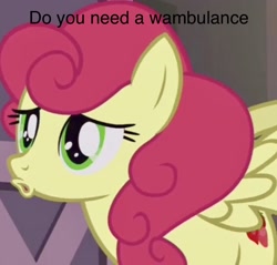 Size: 1158x1106 | Tagged: safe, edit, edited screencap, screencap, strawberry sunrise, pegasus, pony, honest apple, cropped, image macro, meme, open mouth, solo, strawberry savage, wambulance