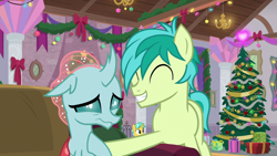 Size: 1280x720 | Tagged: safe, derpibooru import, screencap, citrine spark, fire quacker, ocellus, sandbar, the hearth's warming club, friendship student, wavy mouth