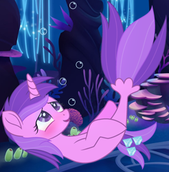 Size: 1804x1832 | Tagged: safe, artist:razorbladetheunicron, derpibooru import, amethyst star, sparkler, seapony (g4), unicorn, base used, blushing, bubble, cutie mark, lateverse, seaponified, seaquestria, solo, species swap, underwater