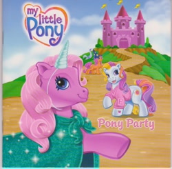 Size: 800x784 | Tagged: safe, derpibooru import, pinkie pie (g3), sparkleworks, sunny daze (g3), g3, book, castle, clothes, costume, hat, horn