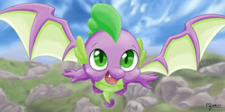 Size: 3000x1500 | Tagged: safe, artist:jewelpetgarnet, derpibooru import, spike, dragon, molt down, flying, looking at you, male, solo, winged spike