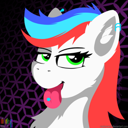 Size: 1500x1500 | Tagged: safe, artist:pedalspony, artist:raptorpwn3, derpibooru import, oc, oc:pedals, pegasus, pony, abstract background, bedroom eyes, bust, cheek fluff, chest fluff, ear fluff, ear piercing, earring, female, flirty, fluffy, jewelry, lineless, looking at you, mare, open mouth, piercing, profile, smiling, solo, tongue out, tongue piercing