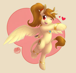 Size: 854x822 | Tagged: safe, artist:skyheavens, derpibooru import, oc, oc only, oc:katya ironstead, alicorn, sphinx, alicorn oc, bipedal, commission, cute, dancing, female, genie, heart, jewelry, necklace, one eye closed, paws, shantae, simple background, solo, species swap, sphinx oc, sphinxified, underpaw, wink