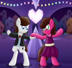 Size: 1024x968 | Tagged: safe, artist:aarondrawsarts, derpibooru import, oc, oc:brain teaser, oc:rose bloom, pony, bipedal, brainbloom, clothes, crystal empire, crystal heart, dancing, dress, holding hooves, oc x oc, pony prom, prom, shipping, tumblr, tuxedo