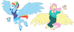 Size: 2300x1000 | Tagged: safe, artist:eleamorbid, artist:erisartiswitchcraft, derpibooru import, part of a set, fluttershy, rainbow dash, anthro, pegasus, unguligrade anthro, alternate hairstyle, alternative cutie mark placement, bandaid, base used, clothes, duo, ear piercing, earring, female, flying, freckles, jewelry, large wings, looking at each other, piercing, reference sheet, shorts, simple background, spread wings, sweater, sweatershy, transparent background, wings