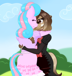 Size: 1200x1268 | Tagged: safe, artist:luciusheart, derpibooru import, oc, oc:claire, oc:nova starburst, anthro, cute, gothic lolita, hug, sweet lolita