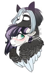 Size: 855x1355 | Tagged: safe, artist:cloud-fly, derpibooru import, oc, oc only, pegasus, pony, blushing, bust, female, hug, mare, portrait, simple background, transparent background, winghug