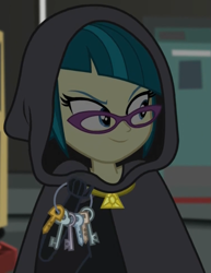 Size: 749x971 | Tagged: safe, screencap, juniper montage, equestria girls, movie magic, spoiler:eqg specials, cape, clothes, cropped, female, glasses, key, solo