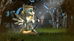 Size: 1024x576 | Tagged: safe, artist:okimichan, derpibooru import, oc, oc only, oc:cupid feather, pegasus, pony, 3d, archery, arrow, bow (weapon), bow and arrow, dexterous hooves, female, forest, mare, solo, tree, weapon