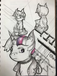 Size: 960x1280 | Tagged: safe, artist:dreamingnoctis, derpibooru import, dusk shine, twilight sparkle, pony, ask, ask asylum twilight, horn cap, magic suppression, monochrome, neo noir, partial color, punk, rule 63, sketch, traditional art, tumblr