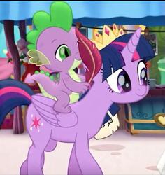 Size: 511x541 | Tagged: safe, derpibooru import, screencap, spike, twilight sparkle, twilight sparkle (alicorn), alicorn, dragon, pony, my little pony: the movie, cropped, crown, dragons riding ponies, female, jewelry, male, mare, regalia, riding, smiling, wings