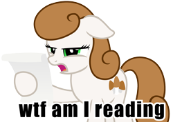 Size: 2000x1414 | Tagged: safe, artist:nxzc88, derpibooru import, oc, oc:little morel, earth pony, pony, floppy ears, frown, image macro, impact font, meme, open mouth, paper, reaction image, show accurate, simple background, solo, transparent background, vector, what the fuck am i reading