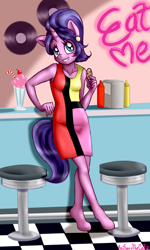 Size: 900x1500 | Tagged: safe, artist:anibaruthecat, cookie crumbles, anthro, unguligrade anthro, unicorn, clothes, cookie, dress, female, food, ketchup, mare, milkshake, mustard, solo, younger