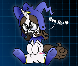 Size: 2779x2364 | Tagged: safe, artist:kutt172, artist:nxzc88, derpibooru import, oc, oc only, oc:pyrisa miracles, pony, unicorn, abstract background, clothes, collar, cosplay, costume, cute, female, giggling, glasses, hat, heart, high res, jack frost, jester hat, mare, megami tensei, shin megami tensei, sitting, socks, solo, underhoof, vector