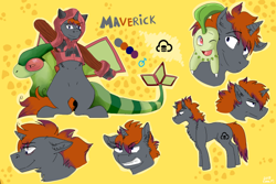 Size: 642x428 | Tagged: safe, artist:lobapanini, derpibooru import, oc, oc:maverick cloud, angry, bored, chest fluff, chikorita, crossover, flygon, male, one eye closed, pokémon, reference sheet, stallion, team magma