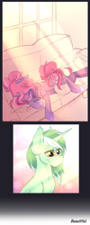 Size: 1024x2570 | Tagged: safe, artist:thenornonthego, oc, oc only, oc:maple blush, oc:shimmer quill, pony, unicorn, female, floppy ears, male, mare, sleeping, smiling, sofa, stallion, sunlight, sweat