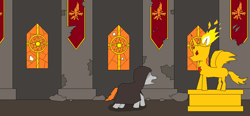 Size: 1109x516 | Tagged: safe, daybreaker, oc, oc only, oc:edward blaze, pony, a royal problem, banner, broken, cathedral, church, gold, ms paint, pillar, priest, ruin, ruins, stained glass, statue, window