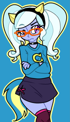 Size: 1013x1764 | Tagged: safe, artist:/d/non, sugarcoat, equestria girls, 30 minute art challenge, alternate hairstyle, blue background, canterlot sweater, clothes, collar, female, glasses, knee high socks, pigtails, simple background, skirt, socks, solo, spiked collar, twintails, wondercolts uniform