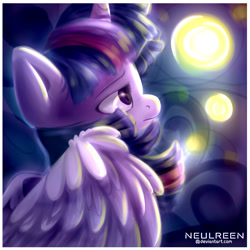 Size: 1000x1000 | Tagged: safe, artist:neulreen, artist:nuryndork, derpibooru import, twilight sparkle, twilight sparkle (alicorn), alicorn, pony, female, mare, profile, sad, solo, wing fluff