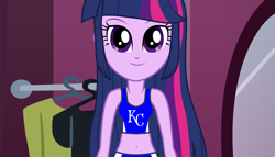 Size: 1680x958 | Tagged: safe, derpibooru import, twilight sparkle, equestria girls, baseball, belly button, dressup, female, flash game, front view, kansas city royals, mlb, smiling, solo, sports