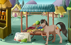Size: 1250x798 | Tagged: safe, artist:bijutsuyoukai, derpibooru import, oc, oc only, oc:fruitsallad, earth pony, pony, apple, food, fruit, glasses, grapes, male, ponyville, solo, stallion, watermelon