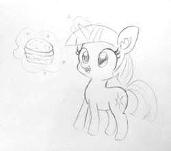 Size: 1627x1440 | Tagged: safe, artist:tjpones, derpibooru import, twilight sparkle, unicorn twilight, pony, unicorn, burger, cute, ear fluff, female, food, glowing horn, grayscale, hay burger, lineart, magic, mare, monochrome, solo, telekinesis, traditional art, twiabetes, twilight burgkle, younger