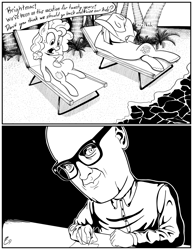 Size: 1696x2200 | Tagged: safe, artist:easydays, derpibooru import, bright mac, pear butter, beach, black and white cartoon, cartoon, comic, jim miller