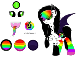 Size: 3408x2560 | Tagged: safe, artist:space--paws0w0, derpibooru import, oc, oc only, oc:hallows eve, bat pony, pony, undead, vampire, vampony, bat pony oc, clothes, colored sclera, colored tongue, ear piercing, earring, fangs, female, jewelry, mare, piercing, rainbow socks, rainbow tongue, reference sheet, simple background, socks, solo, striped socks, transparent background