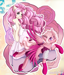 Size: 2000x2311 | Tagged: safe, artist:mailner, derpibooru import, alicorn, pony, spoiler:steven universe, alicornified, blushing, clothes, crossover, diamond, dress, duo, female, flower, gloves, mane, mare, pink diamond (steven universe), pink hair, ponified, race swap, rose, rose quartz (steven universe), self ponidox, shoes, socks, spoilers for another series, steven universe, tongue out