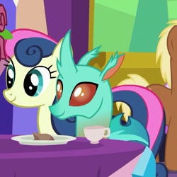 Size: 571x571 | Tagged: safe, screencap, bon bon, cornicle, meadow song, sweetie drops, changedling, changeling, earth pony, pony, celestial advice, background changeling, background pony, cropped, cup, duo focus, ponies standing next to each other, teacup