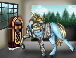 Size: 3300x2550 | Tagged: safe, artist:theecchiqueen, derpibooru import, oc, oc only, pony, air force, clothes, commission, dancing, female, jukebox, mare, military, military uniform, one eye closed, pine tree, smiling, solo, tree, window