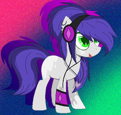 Size: 435x414 | Tagged: safe, artist:space--paws0w0, derpibooru import, oc, oc only, oc:roadwork track, earth pony, pony, armband, coat markings, ear piercing, earring, female, gradient background, headphones, ipod, jewelry, mare, necklace, piercing, socks (coat marking), solo, tongue out